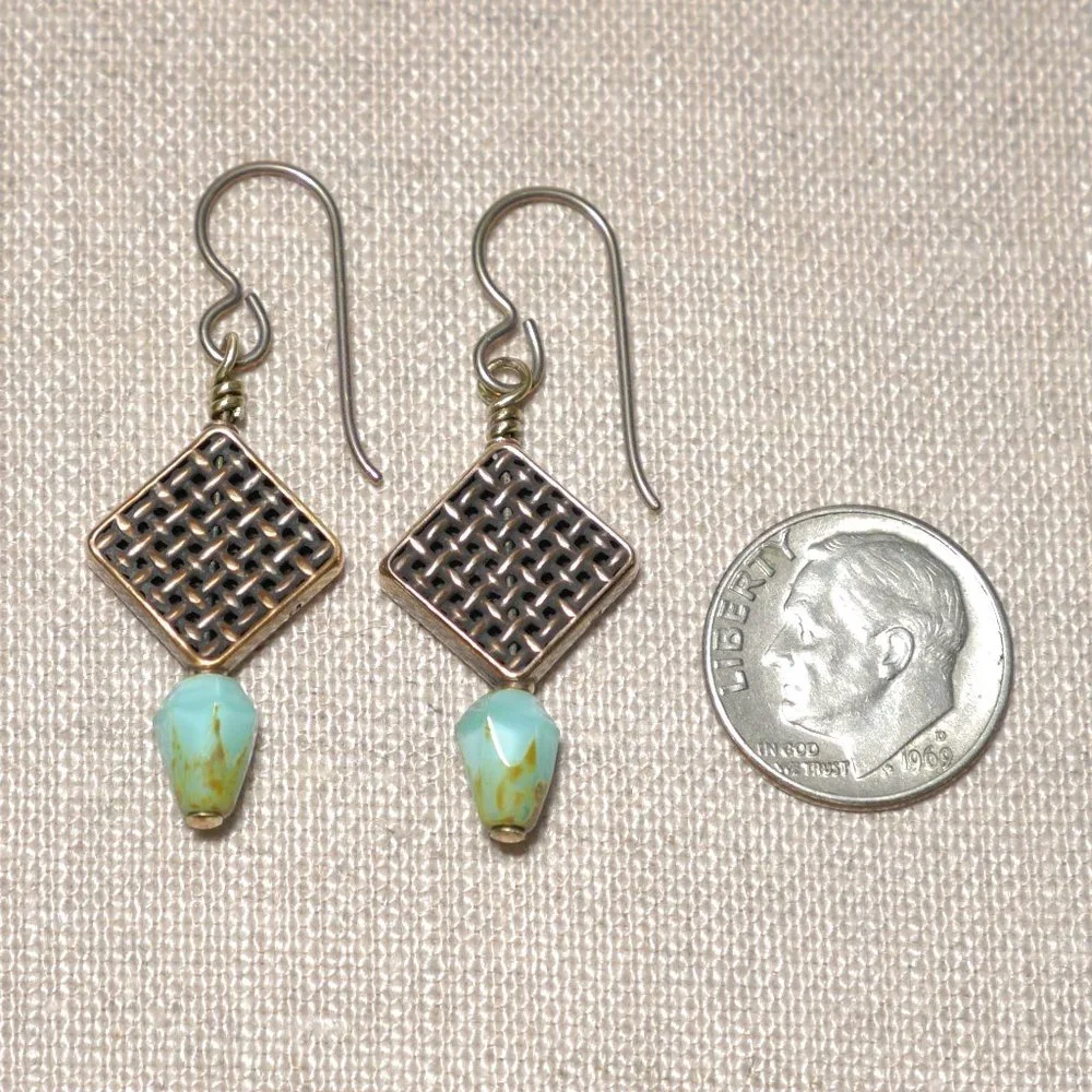 Hand Crafted Handmade Earrings Woven Copper Beads Aqua Czech Glass Beads - Picture 3 of 4